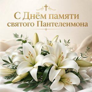 Открытка на День памяти великомученика Пантелеимона с белыми лилиями