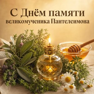 Открытка на День памяти великомученика Пантелеимона с лампадой и травами