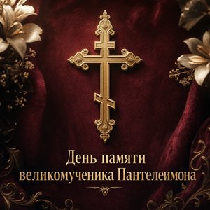 Открытка на День памяти великомученика Пантелеимона с золотым крестом