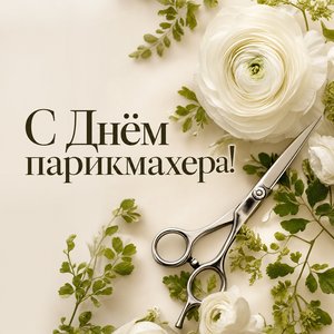 Открытка на День парикмахера с ножницами и белыми цветами