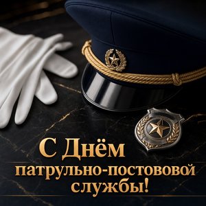 Открытка на День патрульно-постовой службы полиции с форменной фуражкой и нагрудным знаком