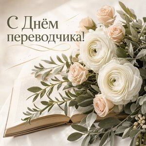 Открытка на День переводчика с букетом на раскрытой книге