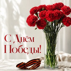 Открытка на День Победы с гвоздиками в вазе