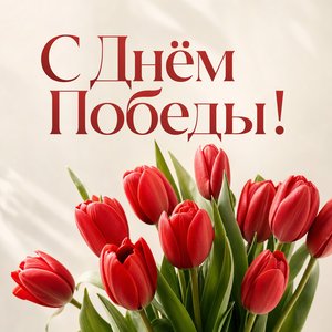 Открытка на День Победы с красными тюльпанами