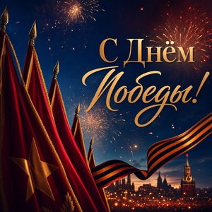Открытка на День Победы с салютом и флагами
