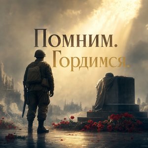 Открытка на День Победы с силуэтом солдата у мемориала