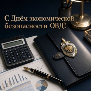 Открытка на День подразделений экономической безопасности органов внутренних дел с кожаной папкой и жетоном