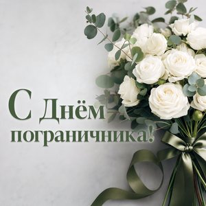 Открытка на День пограничника с белыми розами и зелёной лентой