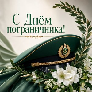 Открытка на День пограничника с фуражкой и лавровой ветвью