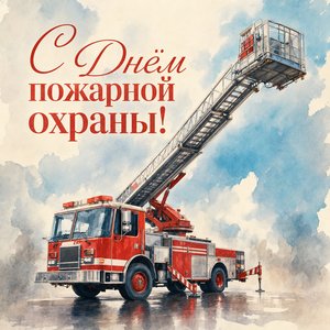 Открытка на День пожарной охраны с пожарной автолестницей