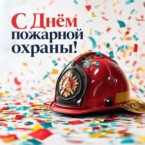 Открытка на День пожарной охраны с пожарной каской и конфетти