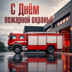 Открытка на День пожарной охраны с пожарной машиной у депо