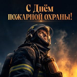 Открытка на День пожарной охраны с пожарным в защитной каске