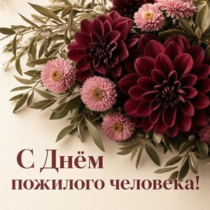 Открытка на День пожилого человека с букетом георгинов и астр