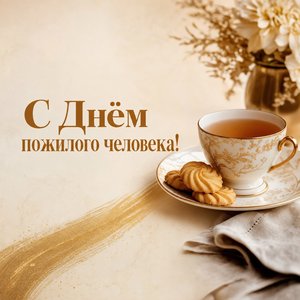 Открытка на День пожилого человека с чашкой чая и печеньем