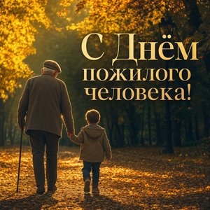 Открытка на День пожилого человека с дедушкой и ребёнком на аллее