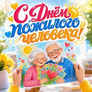Открытка на День пожилого человека с детским рисунком