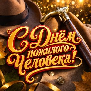 Открытка на День пожилого человека с элегантной тростью и шляпой