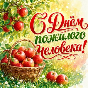 Открытка на День пожилого человека с корзиной яблок