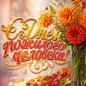 Открытка на День пожилого человека с оранжевыми георгинами