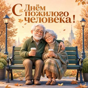 Открытка на День пожилого человека с пожилой парой на скамейке