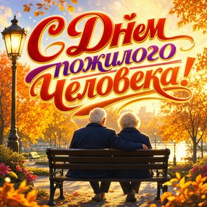 Открытка на День пожилого человека с пожилой парой на скамейке