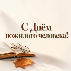 Открытка на День пожилого человека с раскрытой книгой и очками