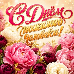 Открытка на День пожилого человека с розовыми пионами