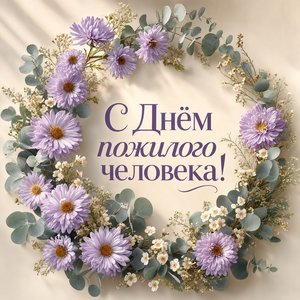 Открытка на День пожилого человека с венком из астр и эвкалипта