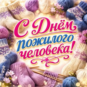 Открытка на День пожилого человека с вязанными носками и пряжей