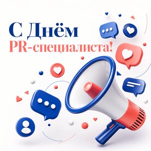 Открытка на День PR-специалиста с мегафоном и иконками коммуникаций