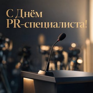 Открытка на День PR-специалиста с микрофоном на пресс-подиуме