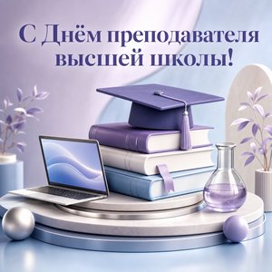 Открытка на День преподавателя высшей школы с 3D-стопкой книг и ноутбуком