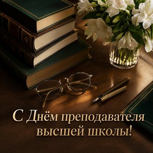 Открытка на День преподавателя высшей школы с профессорским столом и книгами