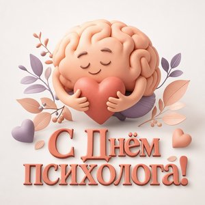 Открытка на День психолога с мозгом и сердцем