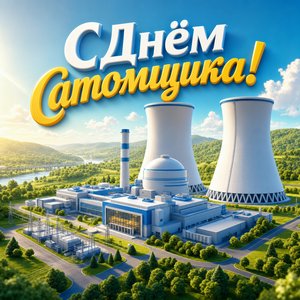 Открытка на День работника атомной промышленности с атомной электростанцией в зелёном ландшафте