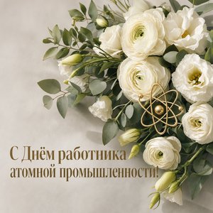 Открытка на День работника атомной промышленности с букетом белых цветов и атомным символом