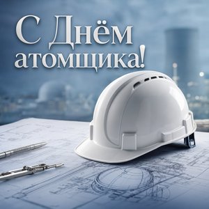 Открытка на День работника атомной промышленности с инженерной каской и чертежами