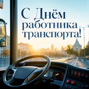 Открытка на День работника автомобильного и городского пассажирского транспорта с рулём городского автобуса
