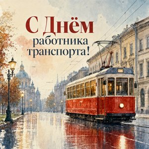Открытка на День работника автомобильного и городского пассажирского транспорта с красным трамваем