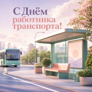 Открытка на День работника автомобильного и городского пассажирского транспорта с автобусной остановкой