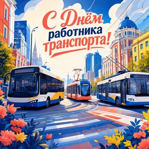 Открытка на День работника автомобильного и городского пассажирского транспорта с автобусом, трамваем и троллейбусом