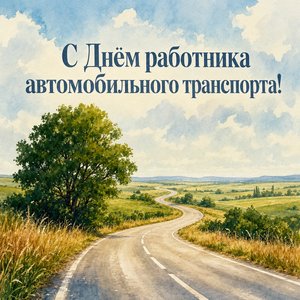 Открытка на День работника автомобильного транспорта с дорогой среди полей