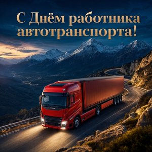 Открытка на День работника автомобильного транспорта с красным грузовиком в горах