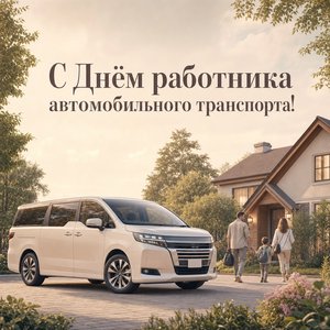 Открытка на День работника автомобильного транспорта с минивэном у дома