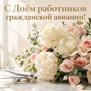 Открытка на День работника гражданской авиации с букетом и самолётом