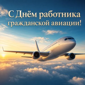 Открытка на День работника гражданской авиации с самолётом над облаками