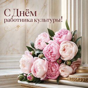 Открытка на День работника культуры с букетом пионов у колонны