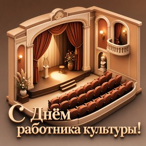 Открытка на День работника культуры с миниатюрным театром