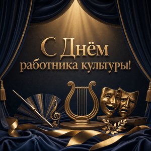 Открытка на День работника культуры со сценой и прожектором